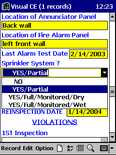 Handheld Database: Recording Inspection Details and Violations (Screen 1)