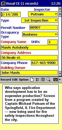 Handheld Database: Site Inspection Screen